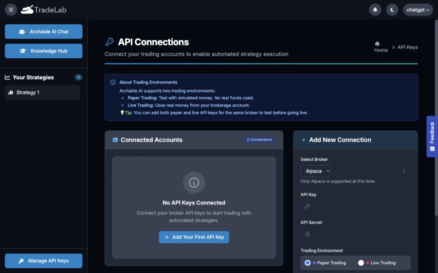TradeLab Alpaca paper and live API connection settings