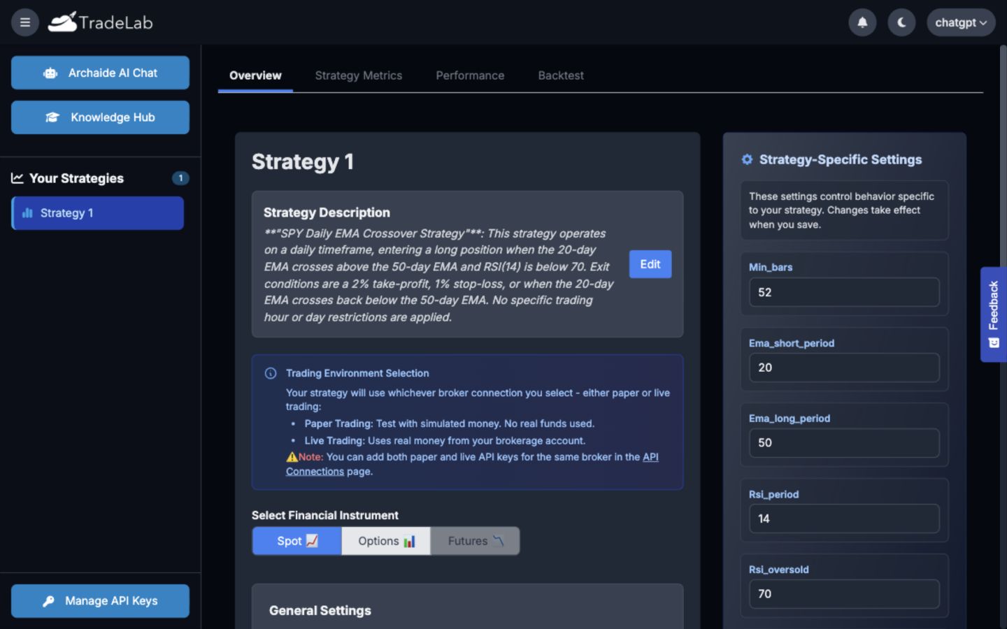 TradeLab strategy overview with editable trading settings